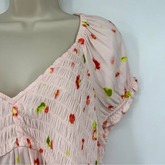 BP. Babydoll Shirred Pink Floral Smocked Short Sleeve Peplum Crop Top Multicolor - Picture 2 of 13